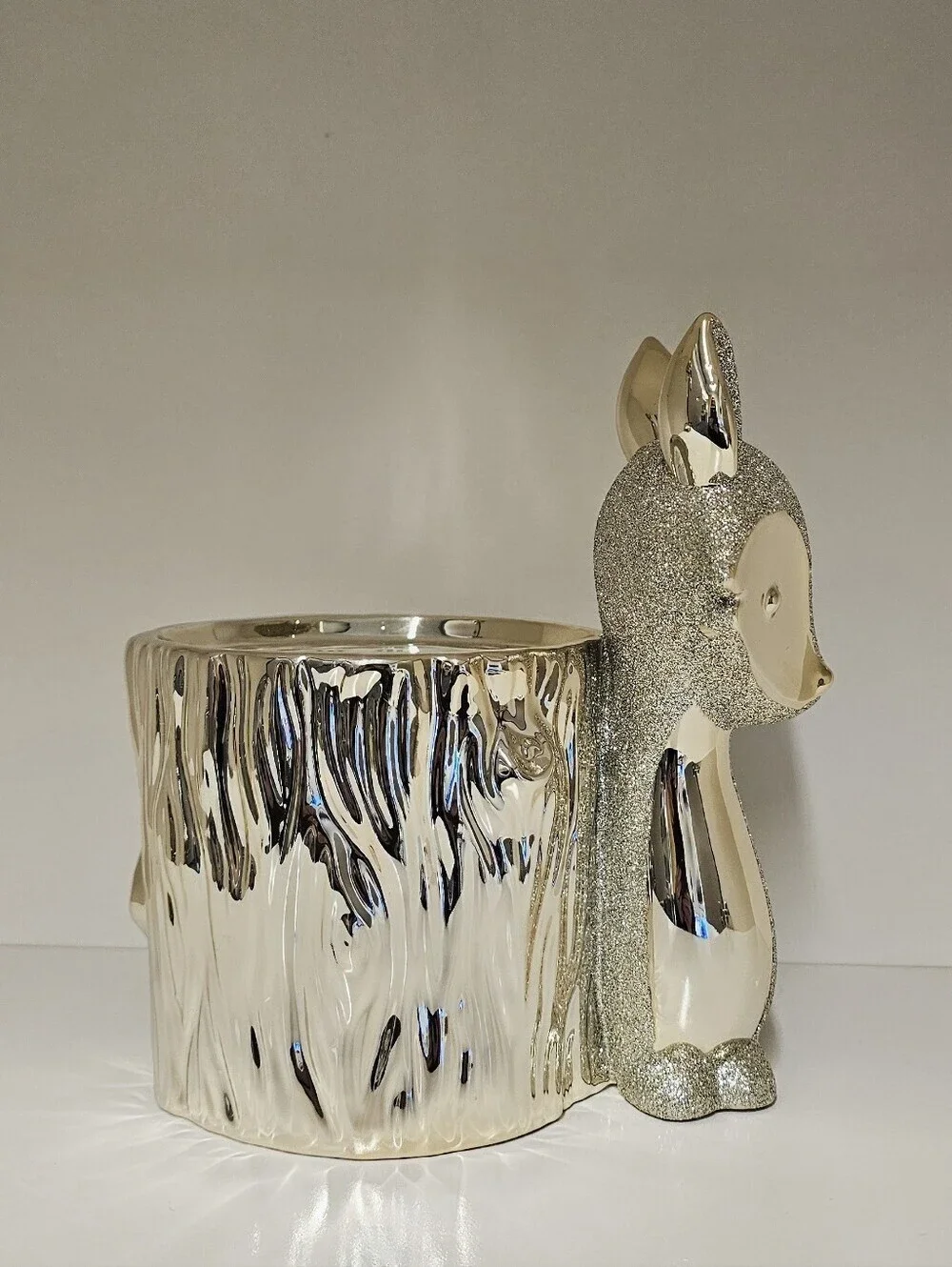 New Bath & Body Works Fox Pedestal Candle Holder Gold Glitter Tree Stump Decor